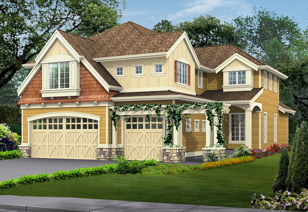 House plan exterior: Modern Farmhouse style, two stories, two garage doors, prominent gables, and covered pergola.