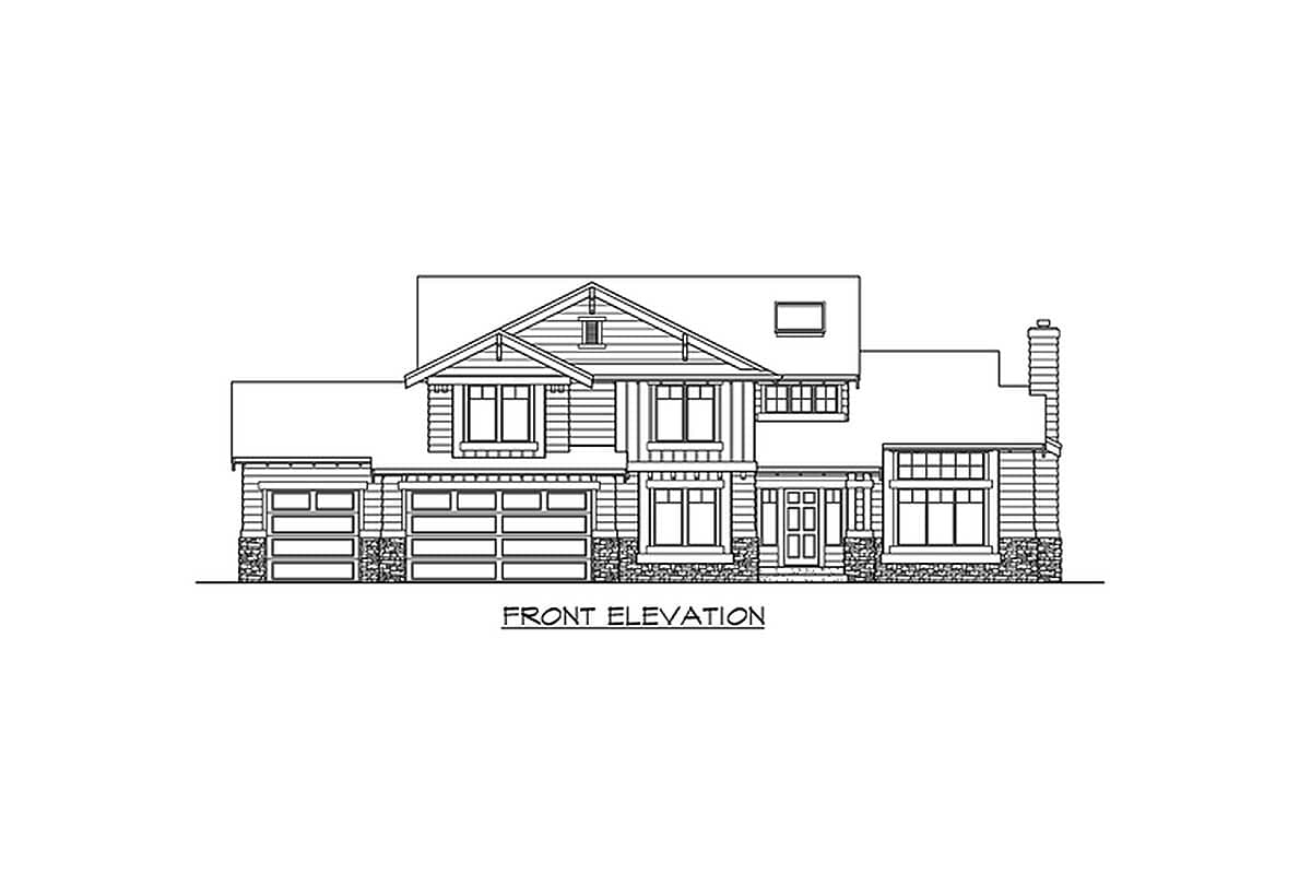 Front elevation drawing of a two-story house plan with multiple gables, a large stone-clad chimney, and a three-car garage.