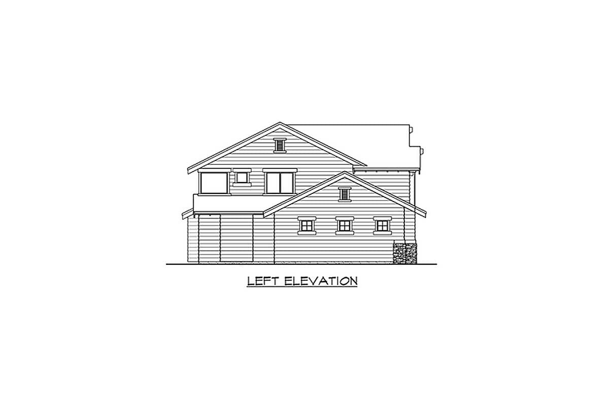 Left elevation drawing of a two-story house plan with horizontal siding, gables, dormers, and a stone foundation.