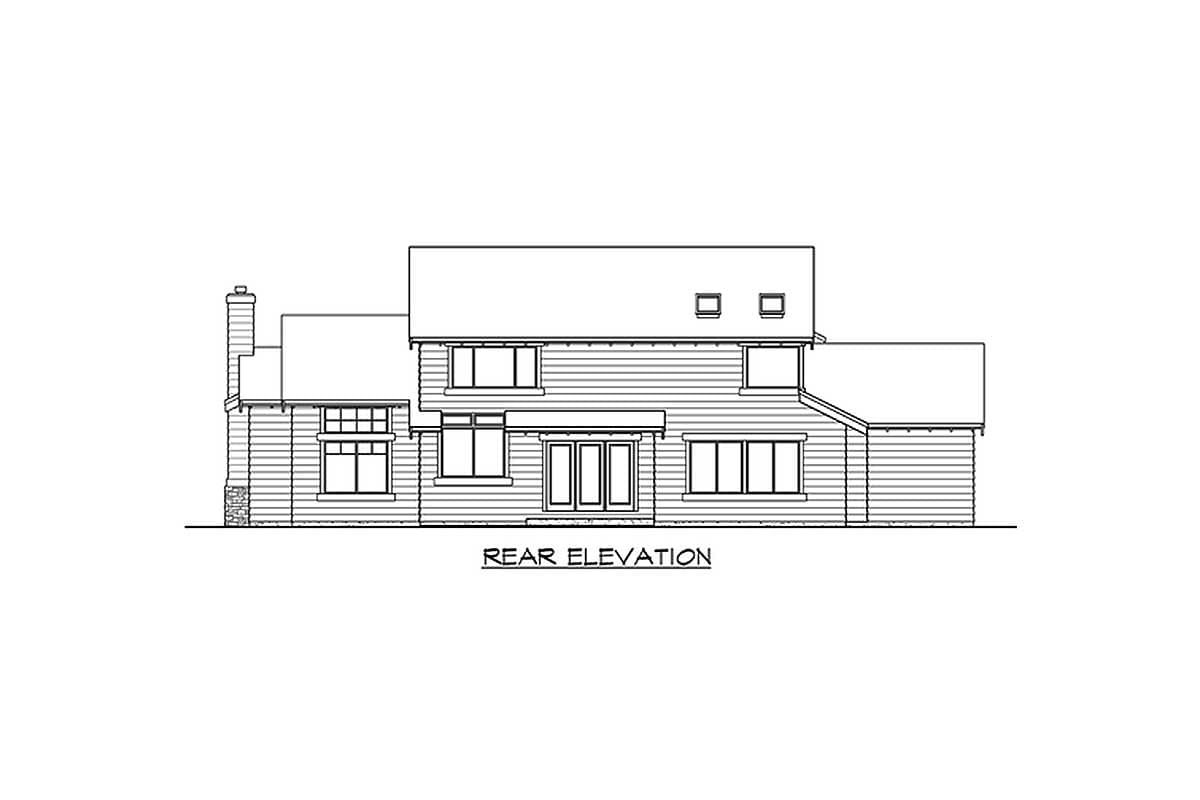 Rear elevation drawing of a two-story house with a chimney, double doors, and multiple windows.