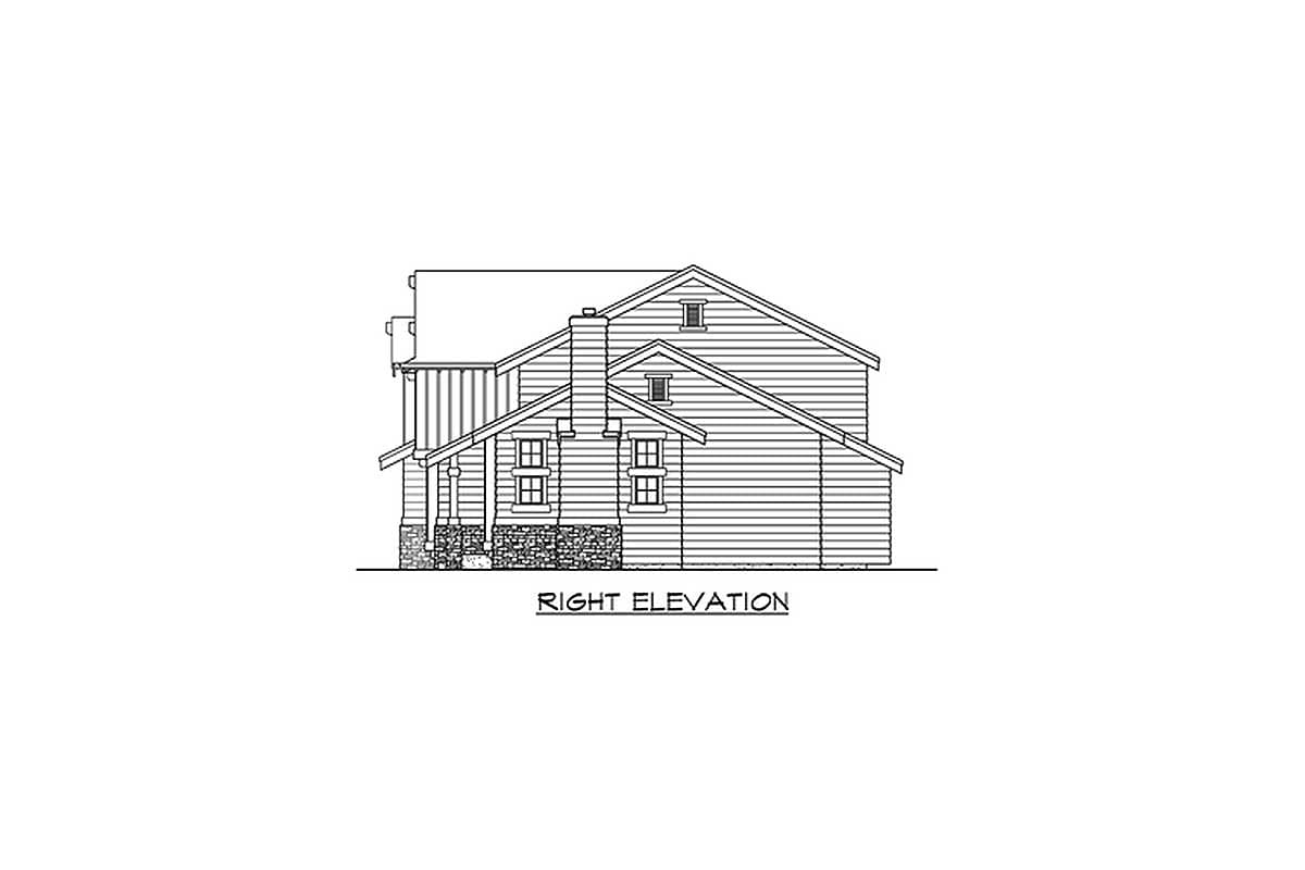 Right elevation drawing of a house plan with horizontal siding, a stone foundation, gabled rooflines, and a central chimney.