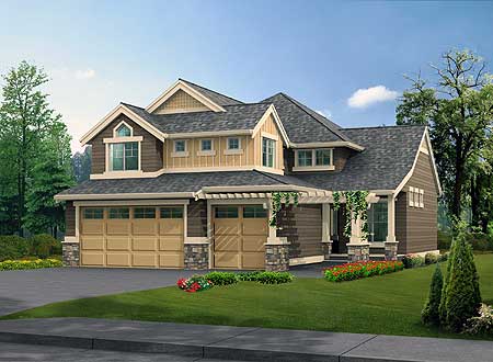 Two-story house plan exterior with a prominent gabled front, three-car garage, stone accents, and multiple dormer windows.