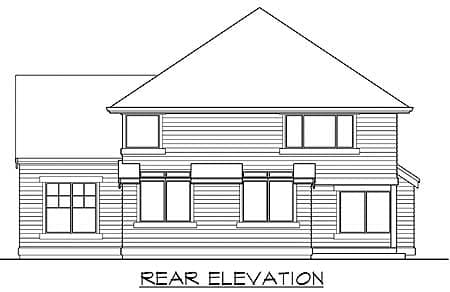 Rear elevation drawing of a two-story house plan with multiple windows and a prominent hip roof.