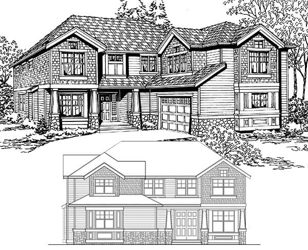 House plan exterior: Two-story home with varied rooflines, gabled dormers, stone accents, and a side-entry garage.