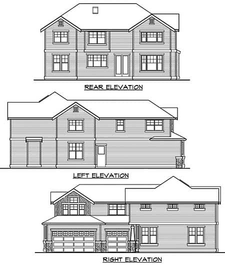 House plan exterior elevations showing front, left, and rear views. Two-story home with gabled roofs, dormers, and a three-car garage.