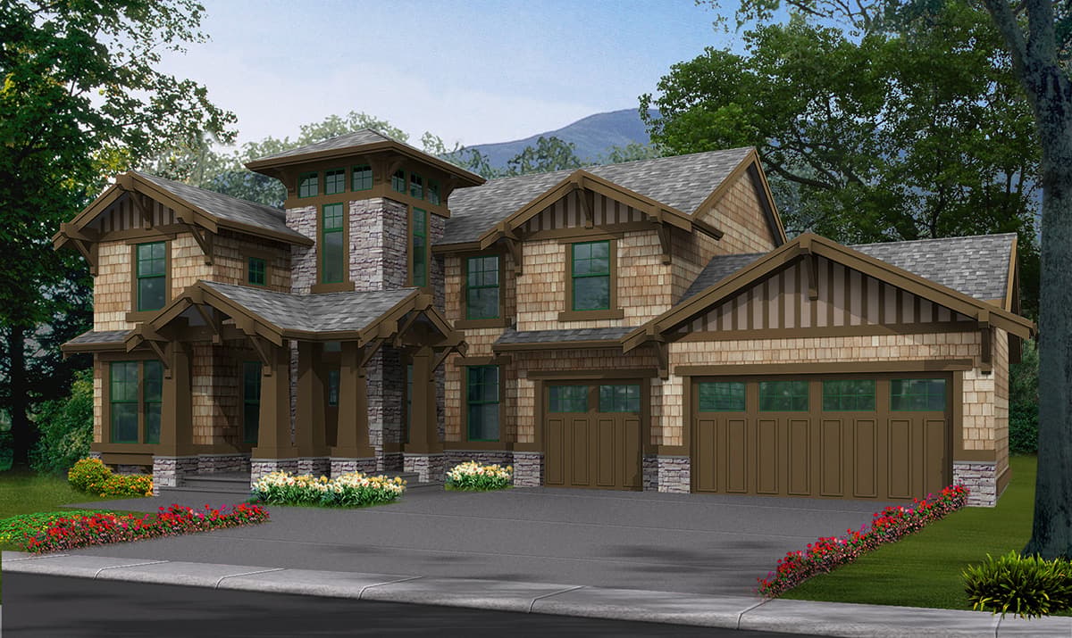 House plan exterior. Craftsman style, two stories. Features include a covered porch, multiple gables, stone accents, and a front-facing garage.