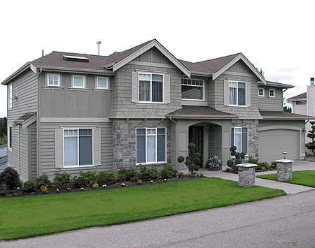 House plan exterior: Two-story Modern Farmhouse with stone accents, gables, prominent entry porch, and attached garage.