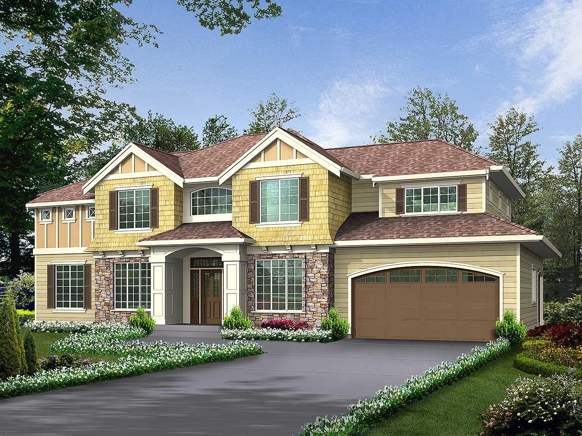 Two-story house plan exterior featuring stone accents, shingle siding, arched garage door, and covered entryway with columns.