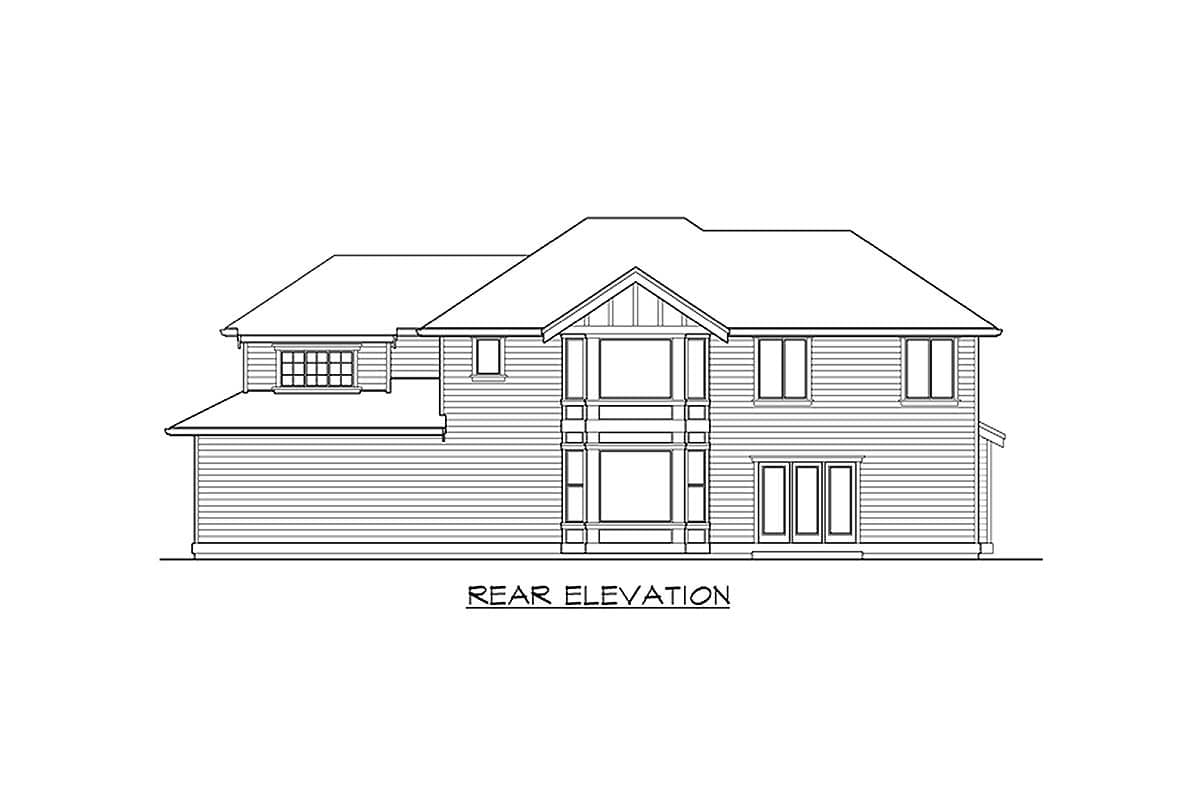 Rear elevation house plan showing a two-story home with a prominent central gable, multi-pane windows, and a triple door unit.