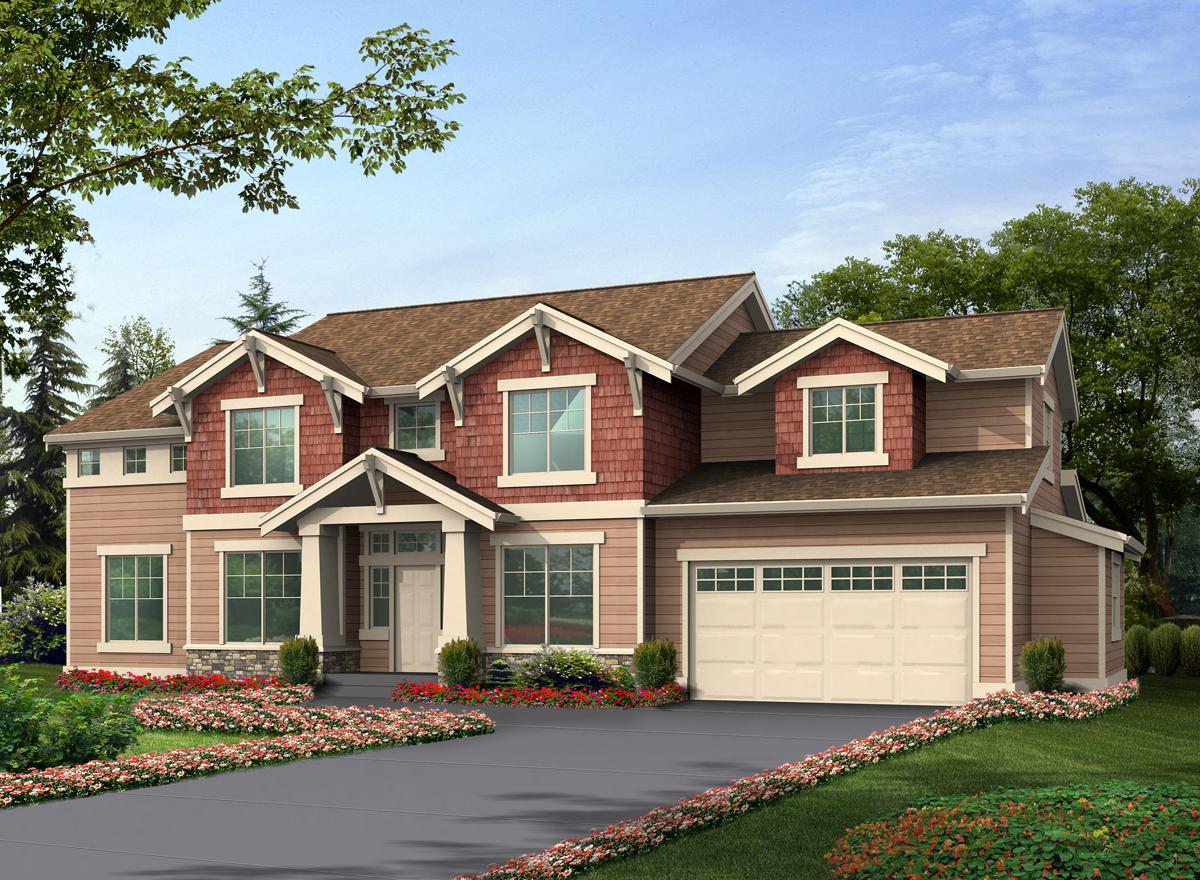 House plan exterior: Two-story home with prominent gables, a covered entry porch, and attached two-car garage.