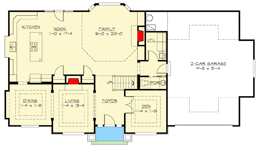 Plan 23055JD: Two-Story Northwest Style House Plan with Bonus Room - 2870 Sq Ft - Floor Plan - Main Level - Country, Craftsman, Northwest, Traditional