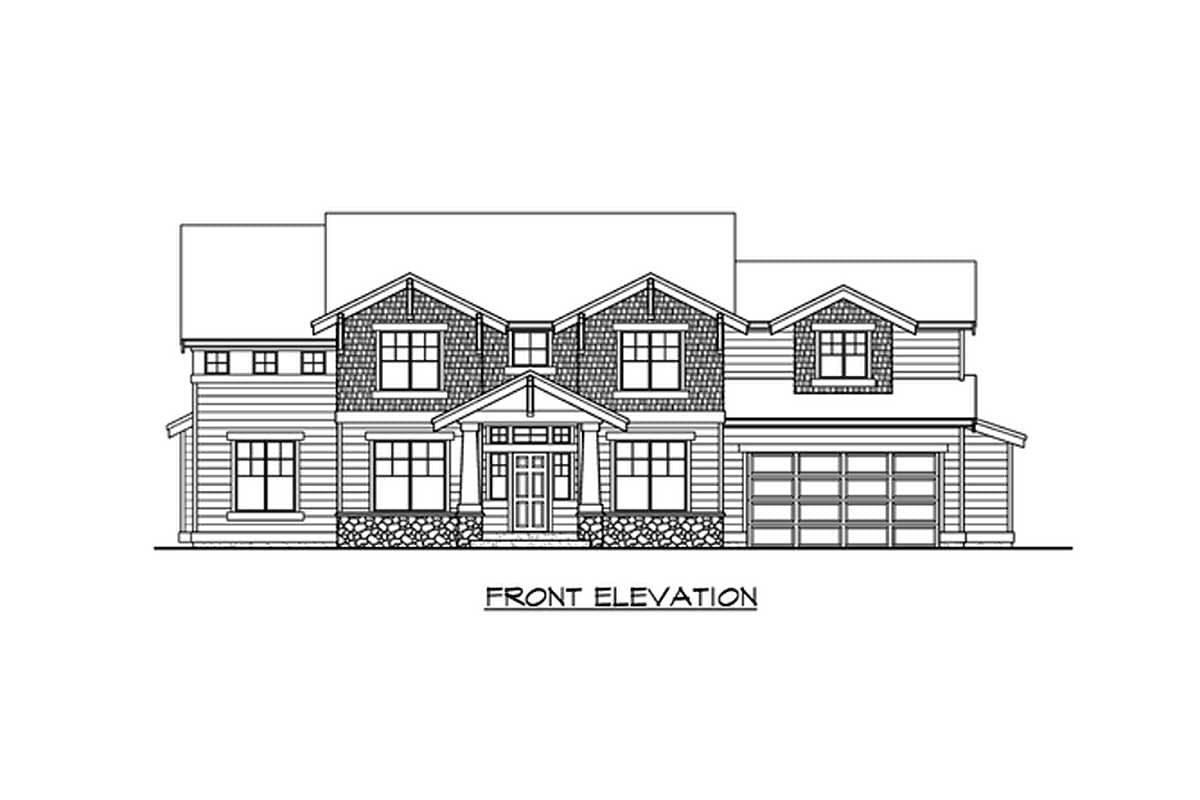 Front elevation drawing of a two-story house with a covered entry, multiple gables, dormers, and a side-entry garage.