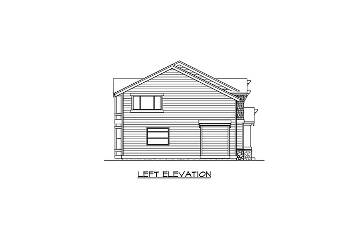Left elevation house plan drawing showing a two-story structure with a gable roof, two windows, and a garage door.