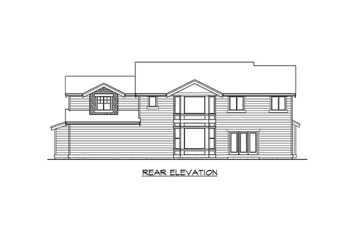 Rear elevation house plan with a dormer window, dual-pane windows, and a triple-door garage.