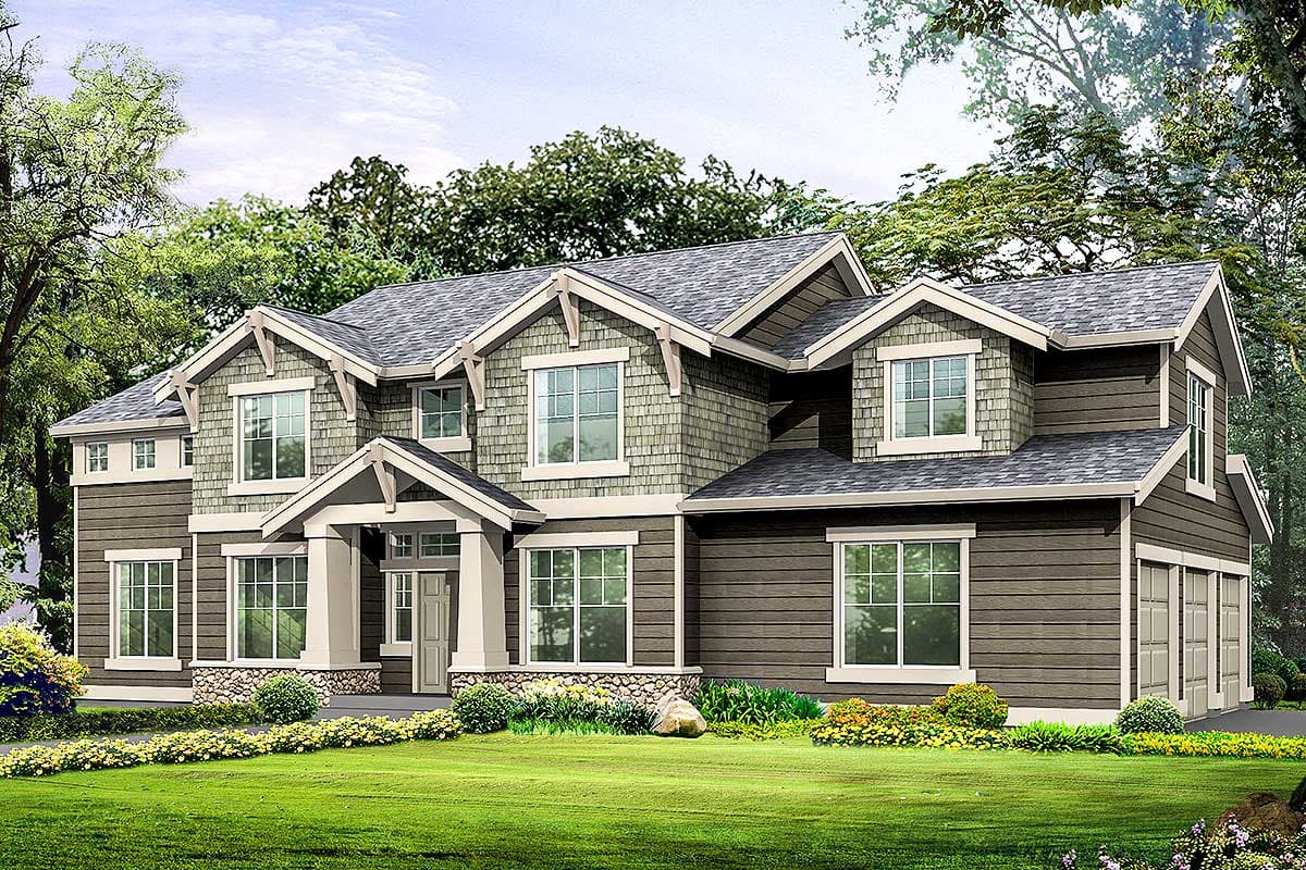 House plan exterior featuring a Craftsman style, two stories, gabled dormers, stone accents, and a covered entry with columns.