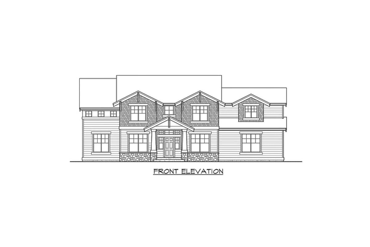 Front elevation drawing of a two-story house with gables, dormers, stone accents, and a covered entry.