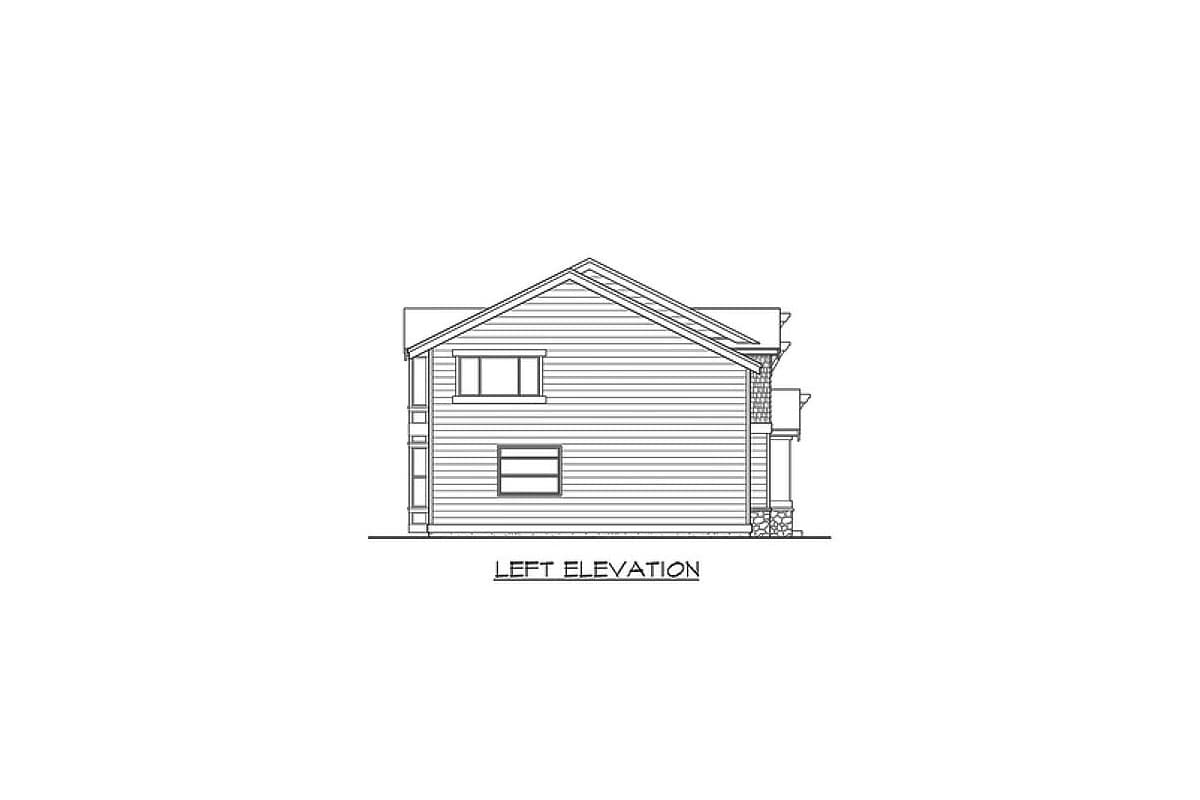 House plan left elevation showing a two-story structure with horizontal siding, gabled roof, and stone-clad foundation.