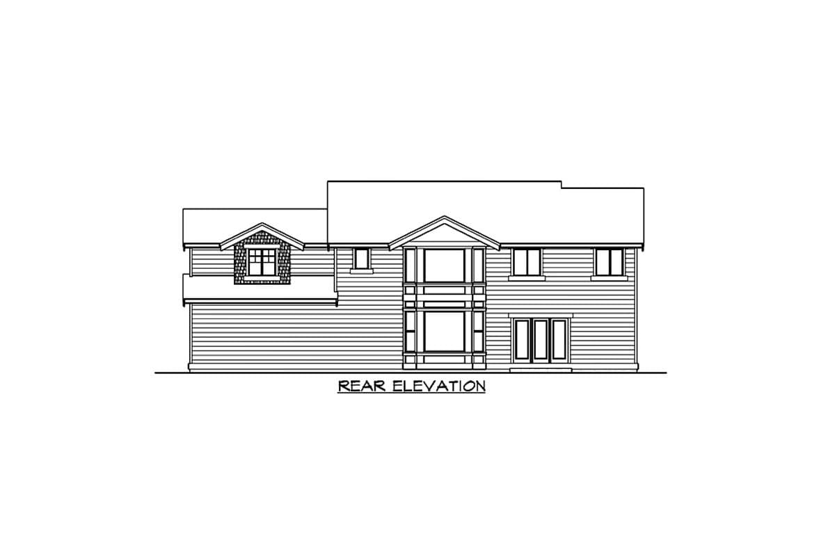 Rear elevation drawing of a two-story house plan with a dormer, two-story balcony, and multiple windows.