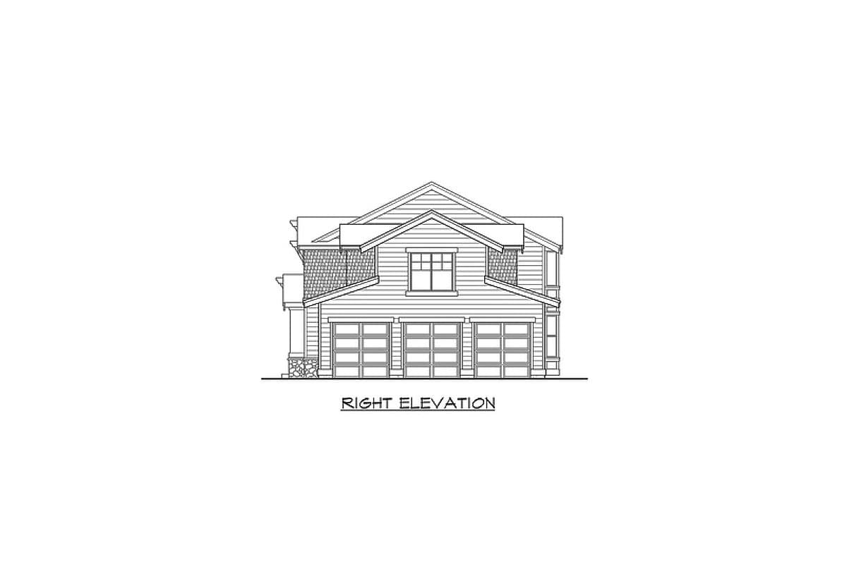 Right elevation house plan showing a three-car garage, a central window, and varied rooflines with dormers.