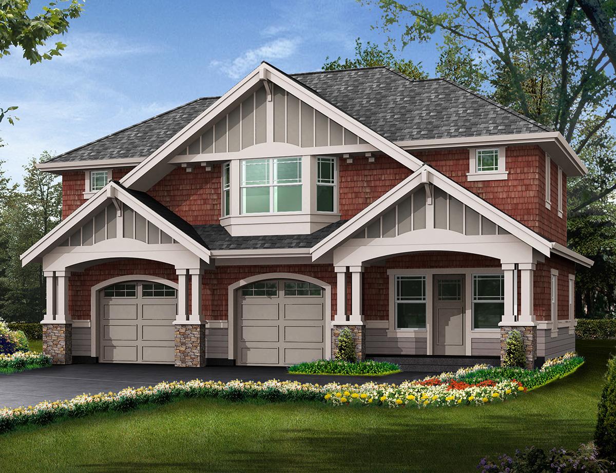 Craftsman style house plan exterior with two-story gables, a bay window, a covered entry, and a three-car garage.