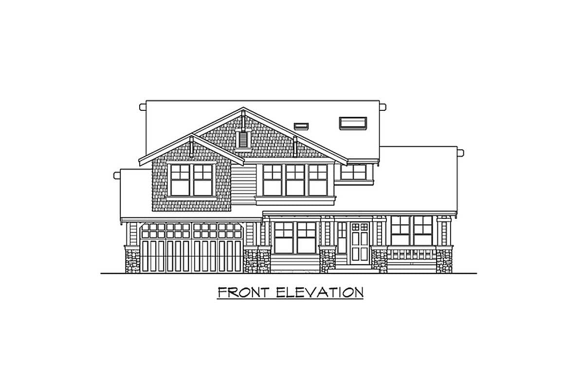 Front elevation drawing of a two-story house plan with a prominent gable, covered porch, and a detached garage.