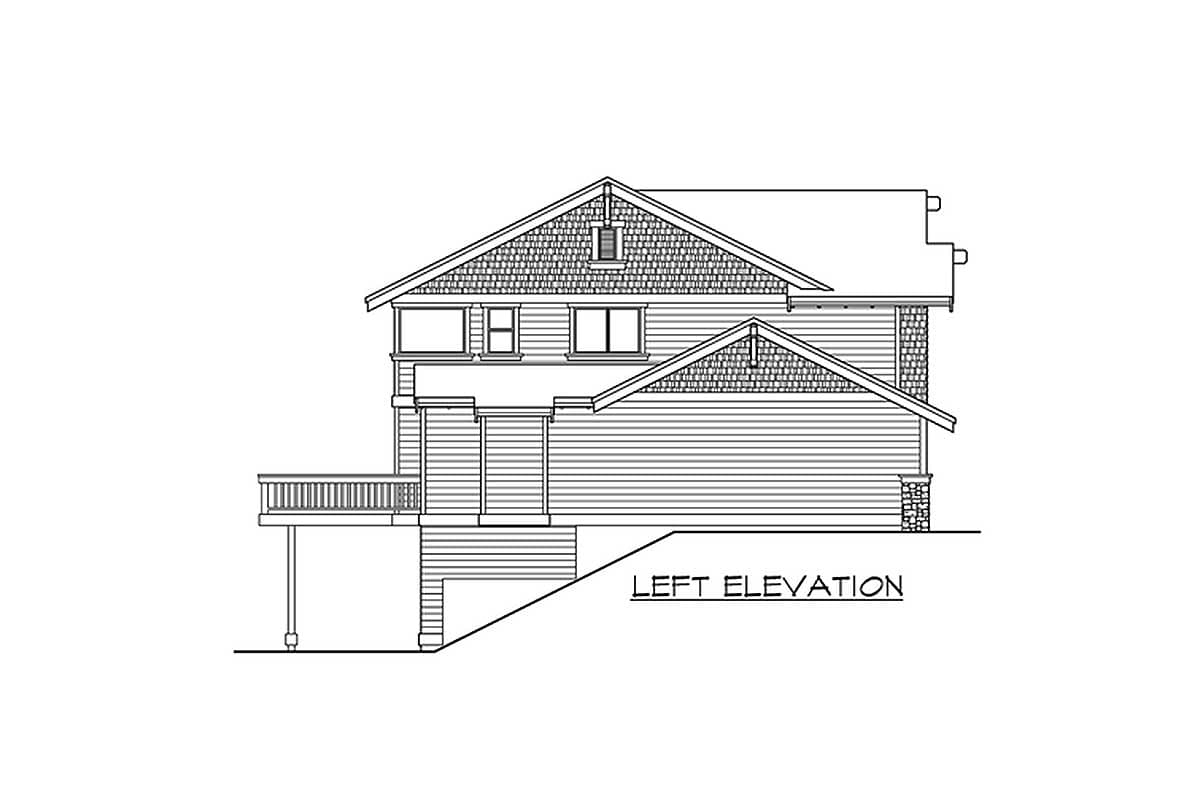 Left elevation drawing of a two-story house with gable rooflines, shingle siding, and a deck.