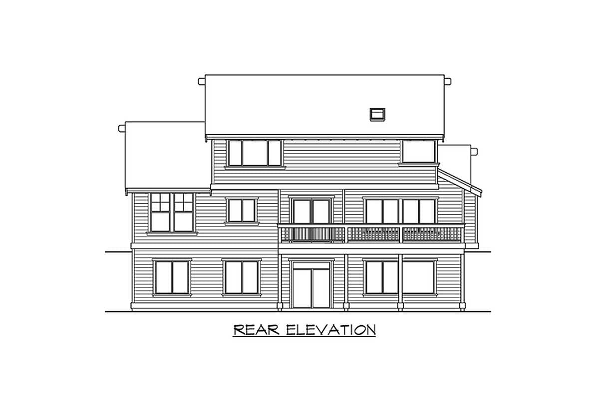 Rear elevation drawing of a multi-story house plan featuring multiple windows, a balcony, and a prominent roofline.