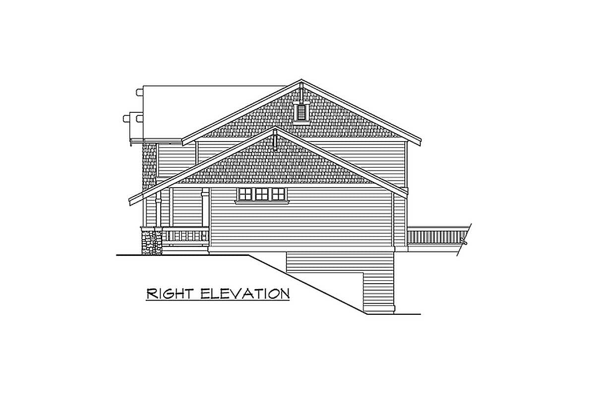 Right elevation house plan drawing showing a gabled roofline, wood siding, stone base, and covered porch.