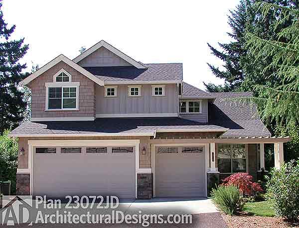 House plan exterior: two-story home with prominent gables, double garage, and covered front porch.