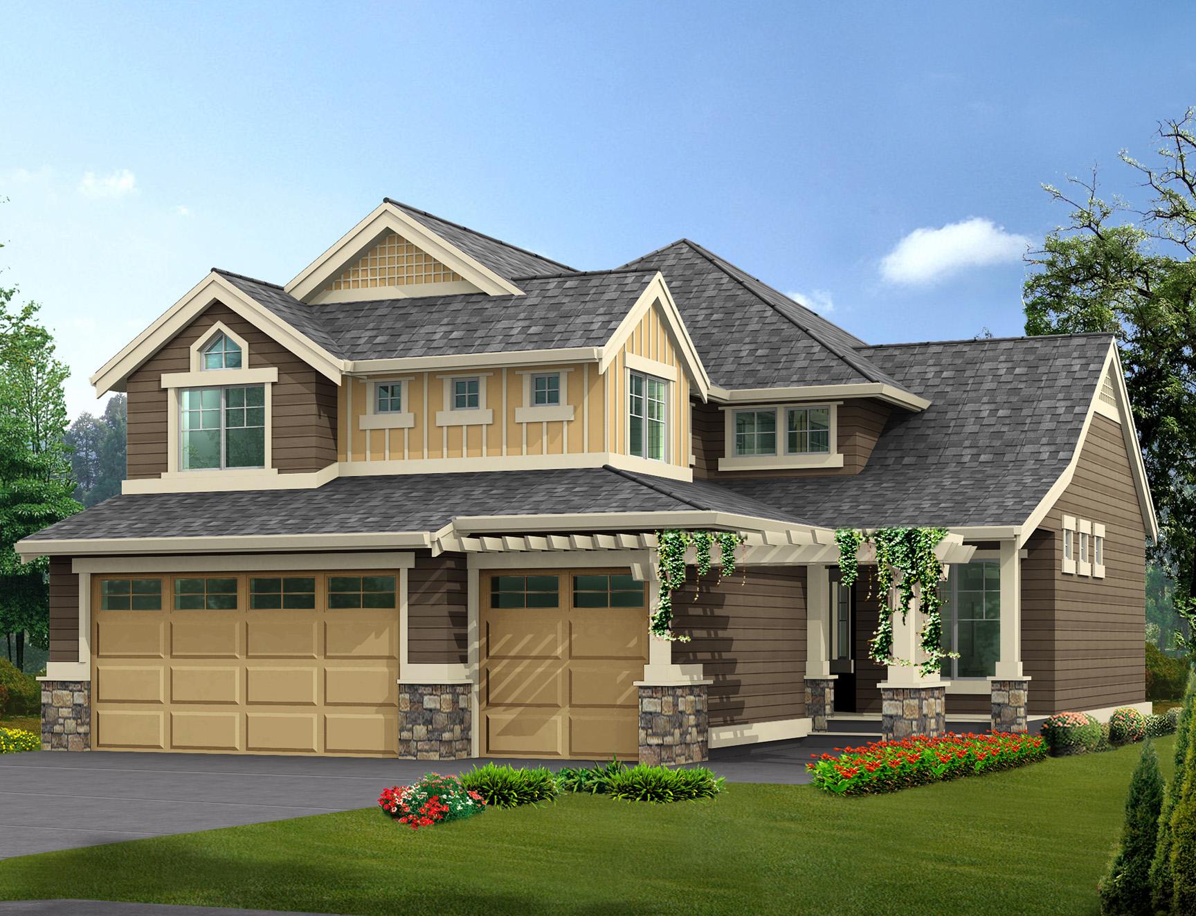 House plan exterior: Two-story home with a three-car garage, gabled dormers, stone accents, and a covered pergola.