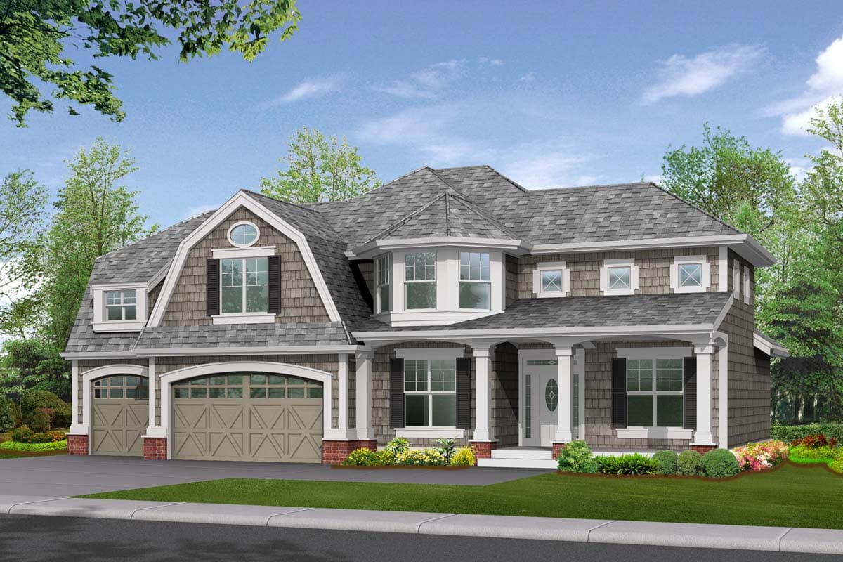 House plan exterior: Two-story home with gambrel roof, dormers, bay window, covered porch, and a side-facing three-car garage.