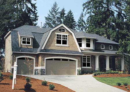 House plan exterior, two-story home with gambrel dormer, arched garage doors, and covered entry porch with columns.