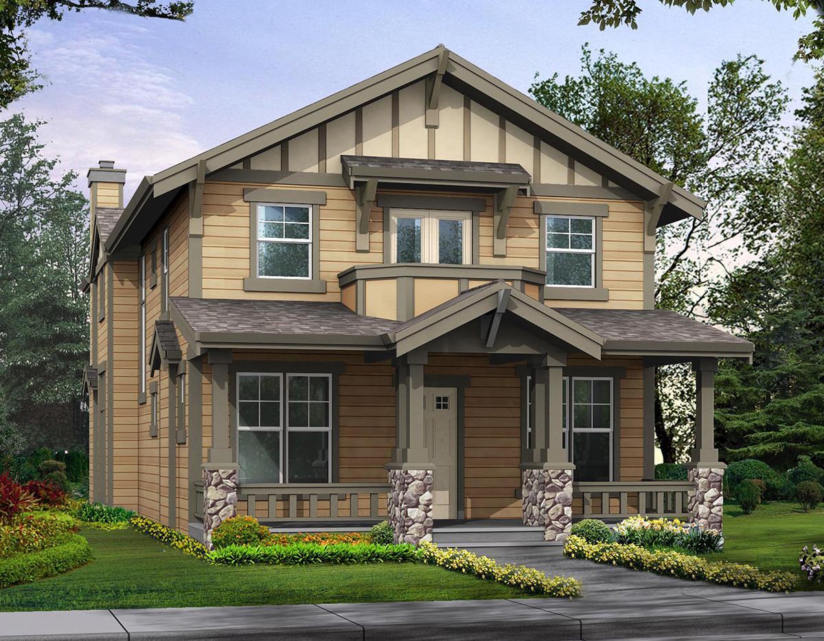 Craftsman style house plan exterior, two stories, covered porch with stone columns, prominent gables, and lap siding.
