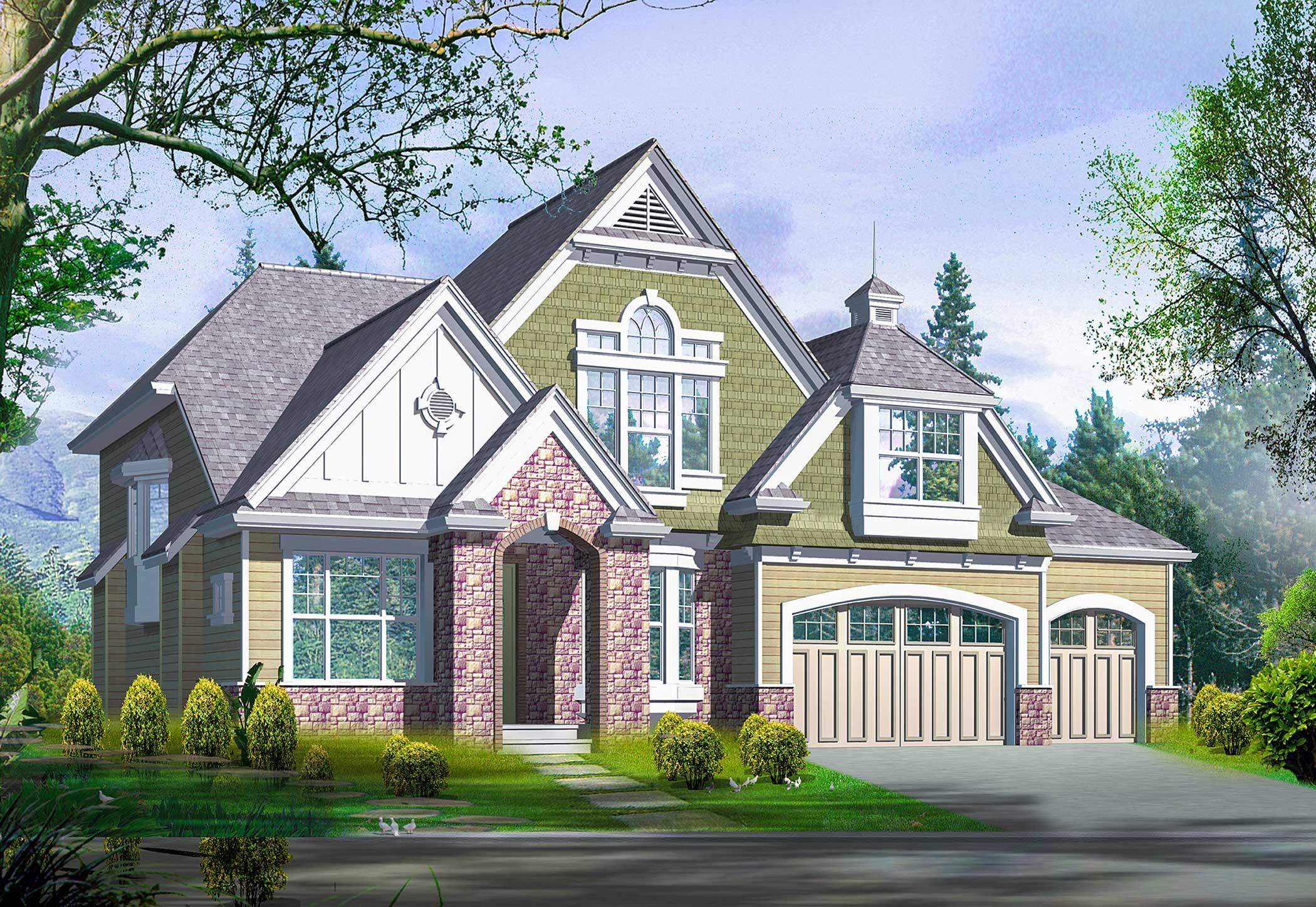 House plan exterior: Two-story home with stone-accented entrance, multiple gables, dormers, and a three-car garage.