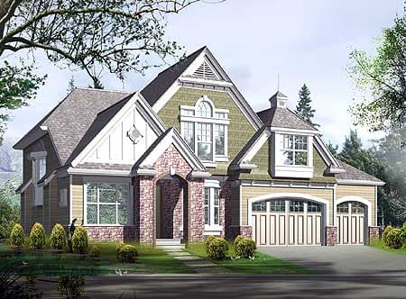 House plan exterior with stone-clad entry, multi-level gables, arched dormer, and a three-car garage with carriage-style doors.