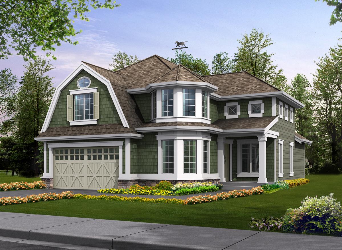 House plan exterior: two-story home with gambrel roof, dormers, bay windows, covered porch, and attached two-car garage.