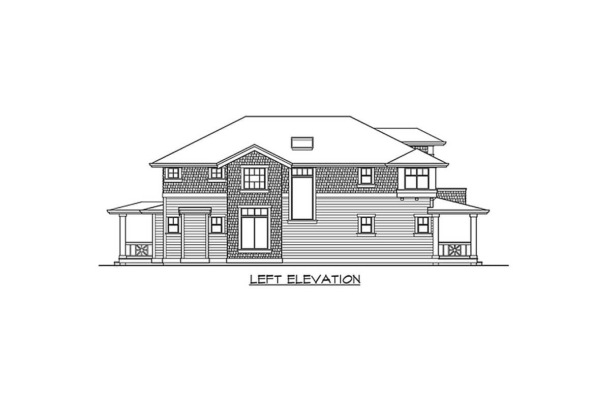 Left elevation house plan showing two stories, prominent gables, mixed siding, and covered porches.