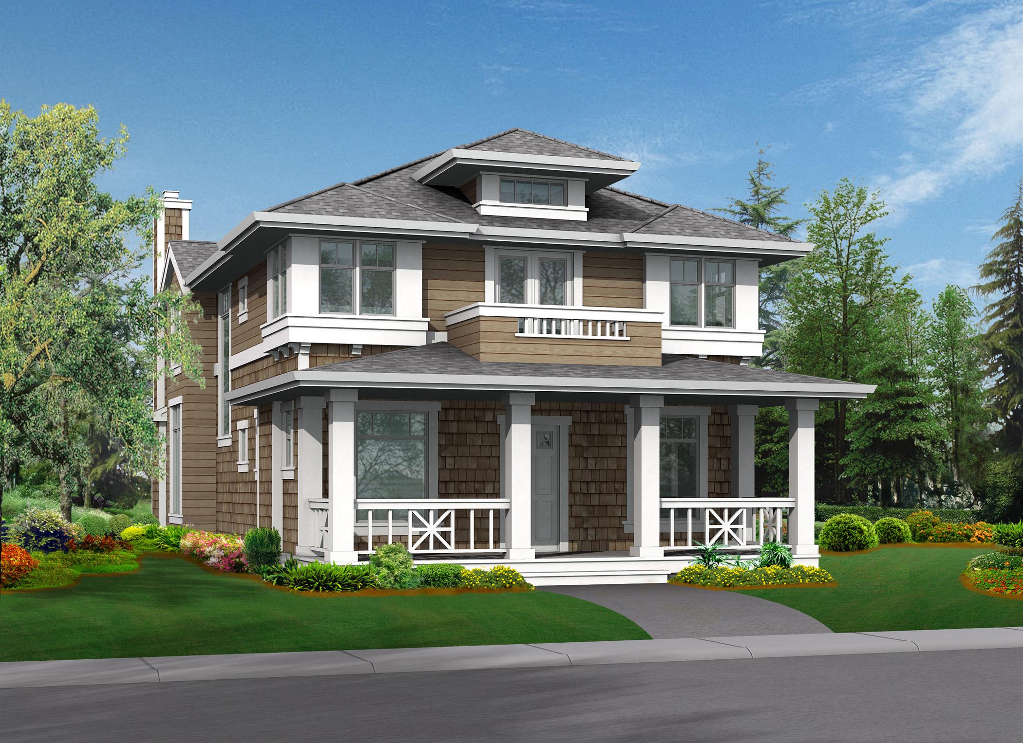 House plan exterior: Two-story Craftsman style with a covered porch, dormer, and shingle siding.