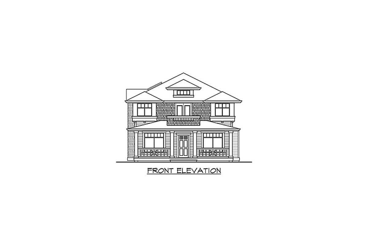 Front elevation drawing of a two-story house with a full-width porch, multiple gables, and dormer windows.