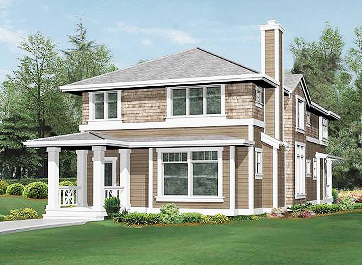 House plan exterior: Two-story home with a front porch supported by columns, wood shake siding, and a prominent chimney.