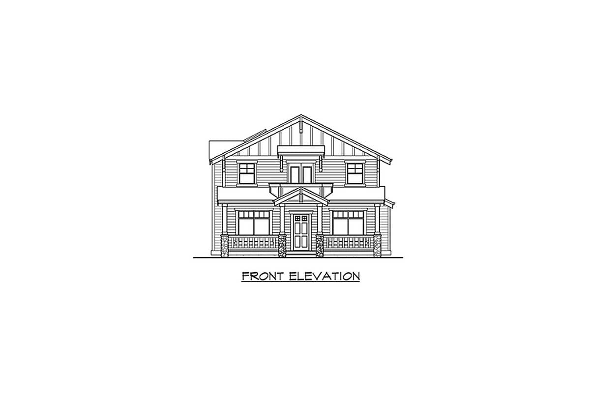 Front elevation drawing of a two-story house with gables, a covered front porch, and multiple windows.