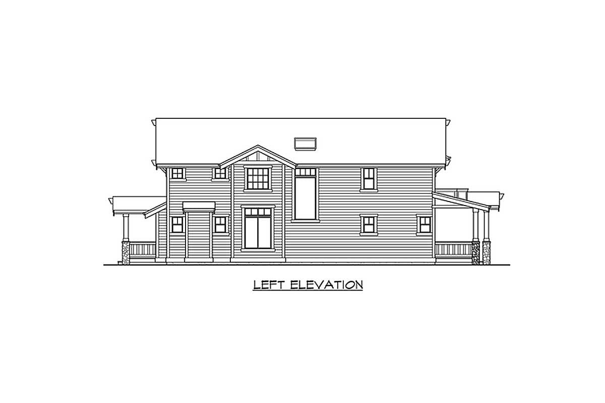 Left elevation drawing of a two-story house plan with a gable roof, dormer window, and covered porch.