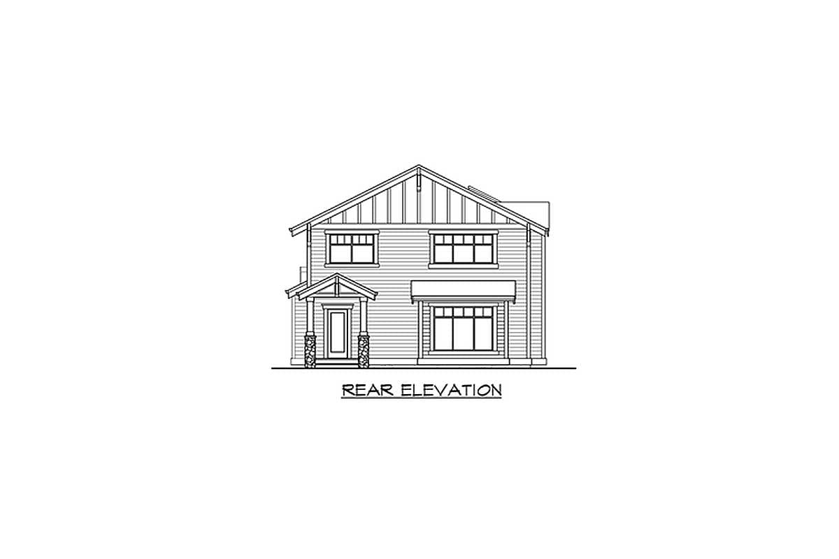 Rear elevation drawing of a two-story house with a covered entry, multiple gables, and horizontal siding.