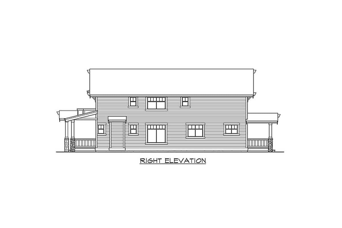 Right elevation drawing of a two-story house plan with a covered porch, horizontal siding, and multiple windows.