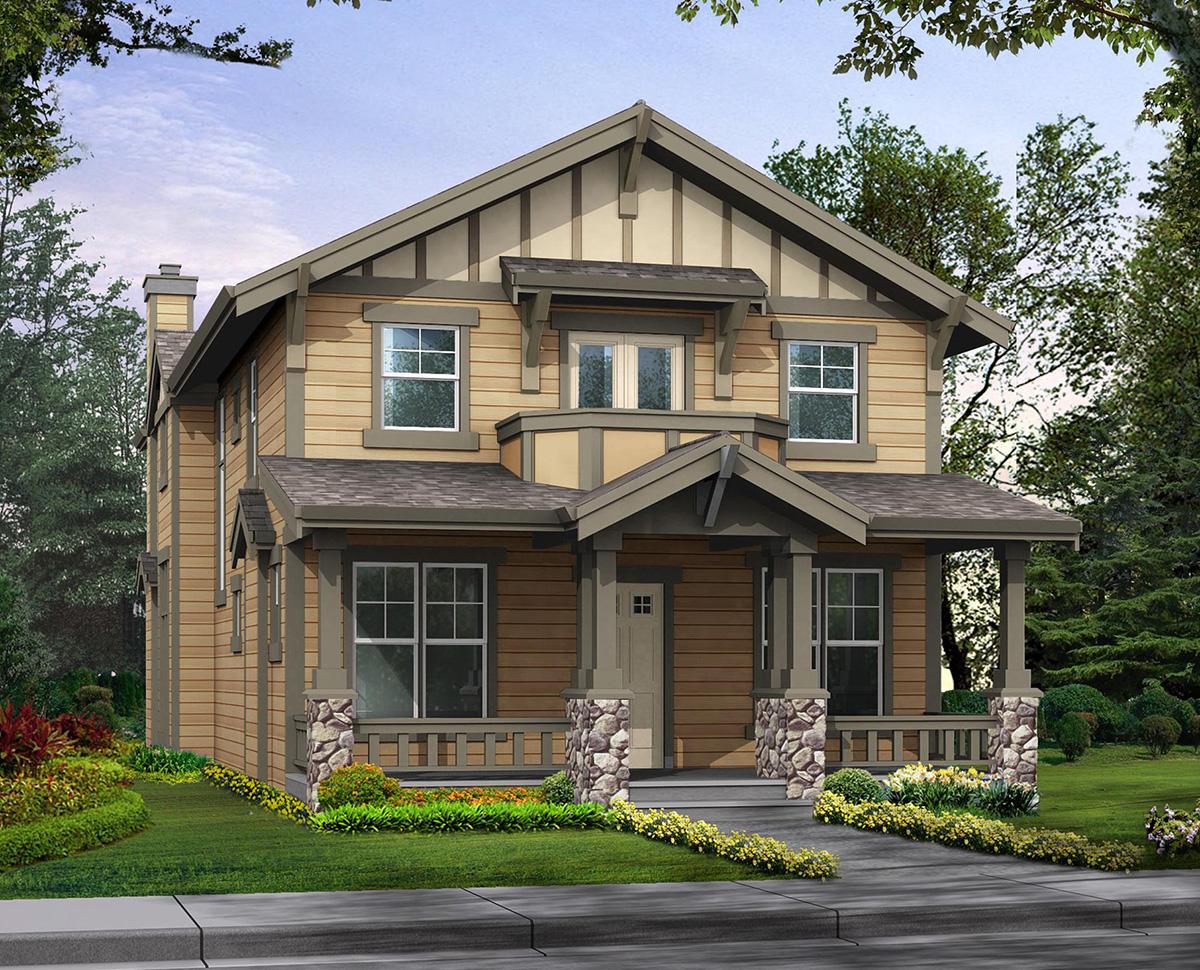Craftsman style house plan exterior, two stories, with a covered front porch, stone-clad columns, and gabled dormers.