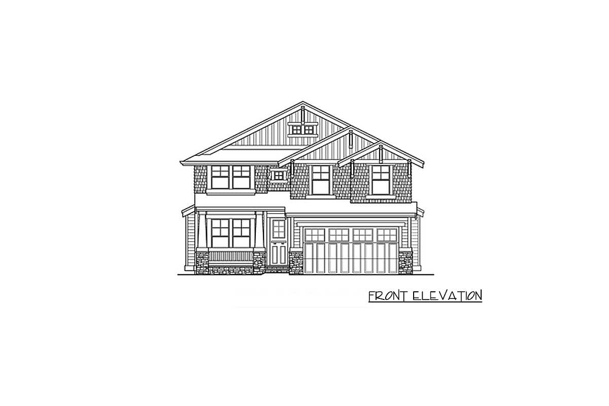 Front elevation drawing of a two-story house with a covered porch, multiple gables, and a three-car garage.