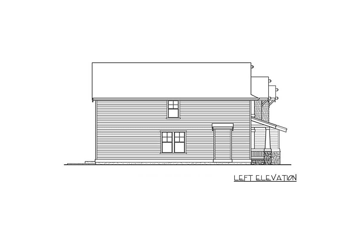 Left elevation drawing of a two-story house with clapboard siding, dormers, and a covered porch with stone accents.