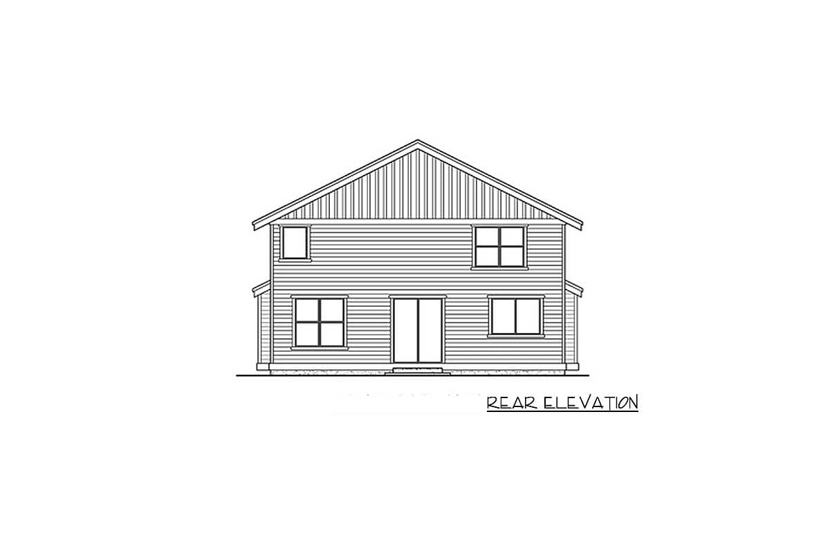 Rear elevation drawing of a two-story house plan with horizontal siding, a gable roof, and five windows.