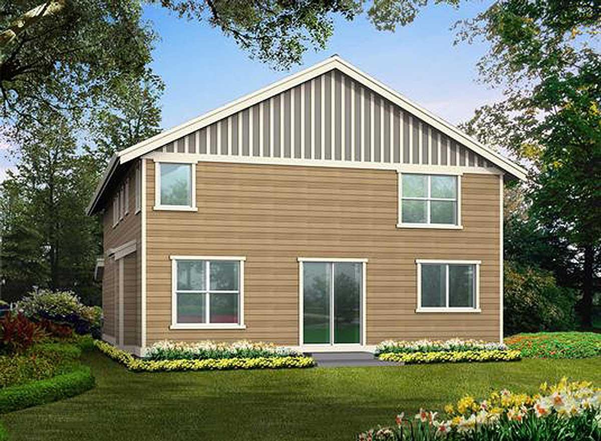 Two-story house plan exterior with horizontal siding, gabled roof with vertical siding, and four windows.