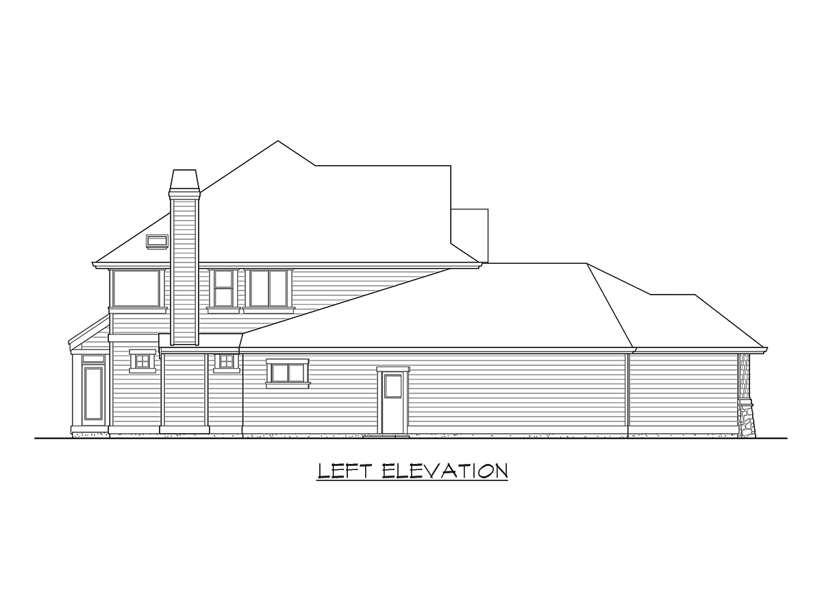 Left elevation house plan shows a two-story structure with horizontal siding, a prominent chimney, and a gabled roof.